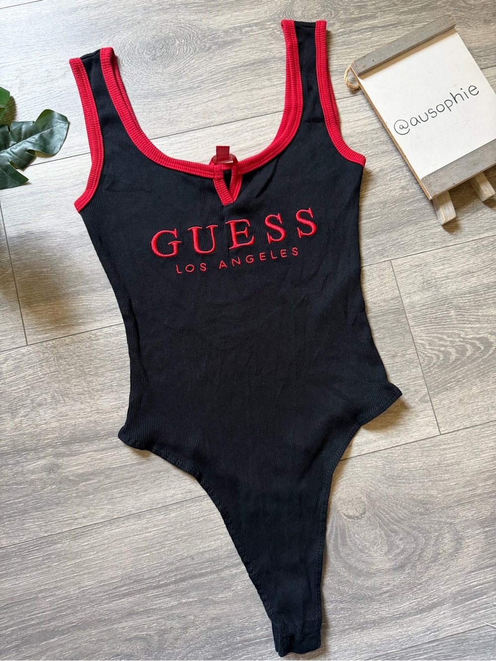 GUESS Notch Neck Black Ribbed Thong Bodysuit w Red Embroidered Logo & Trim XS